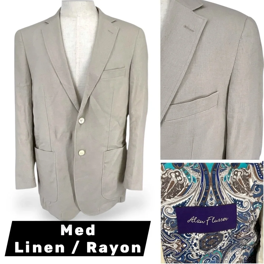 Alan Flusser Mens Tan Linen Blend‎ 2 Button Sport Coat Blazer Paisley Lining M
